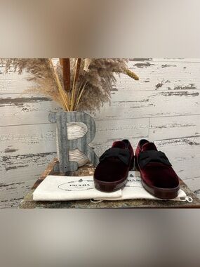 Prada Burgundy Velvet Slip-On Loafers with Black Bow Accent COA